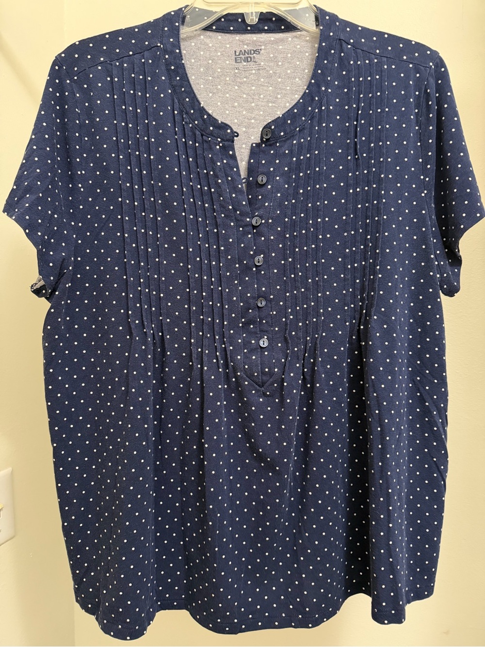 Lands' End Navy and White Polka Dot Pintuck Henley Top